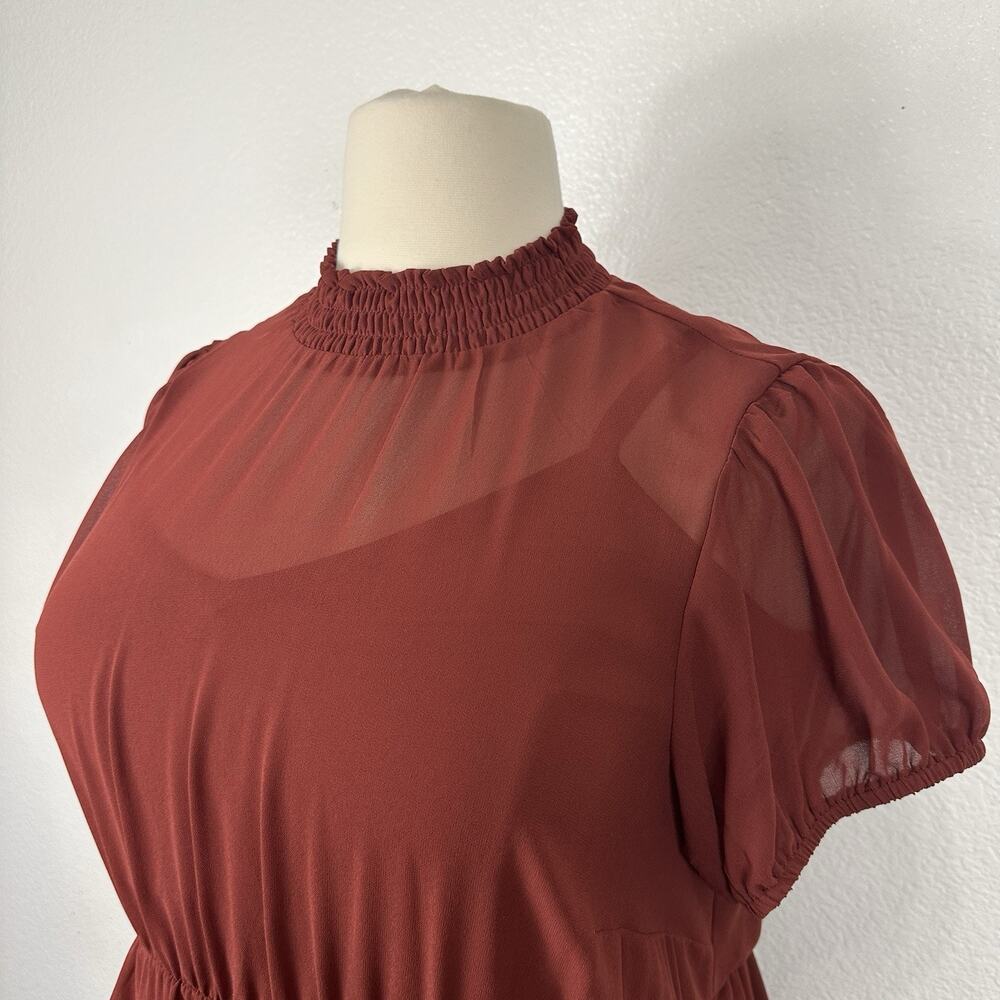 Torrid Dress Women 1X Brown Chiffon Midi Smocked Neck Lined Romantic - Picture 6 of 11